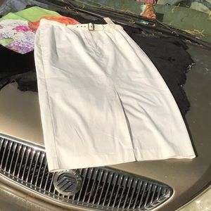 NWT Robert Scott David Brooks Cotton White Long Skirt Belt 14 Women’s Front Slit